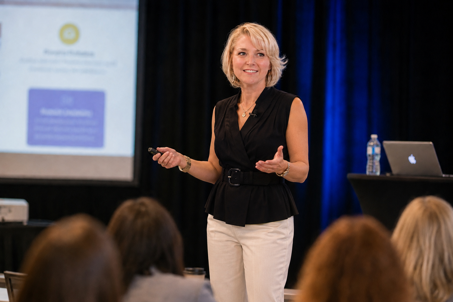 Courtney Harrison speaking to an audience during a professional presentation