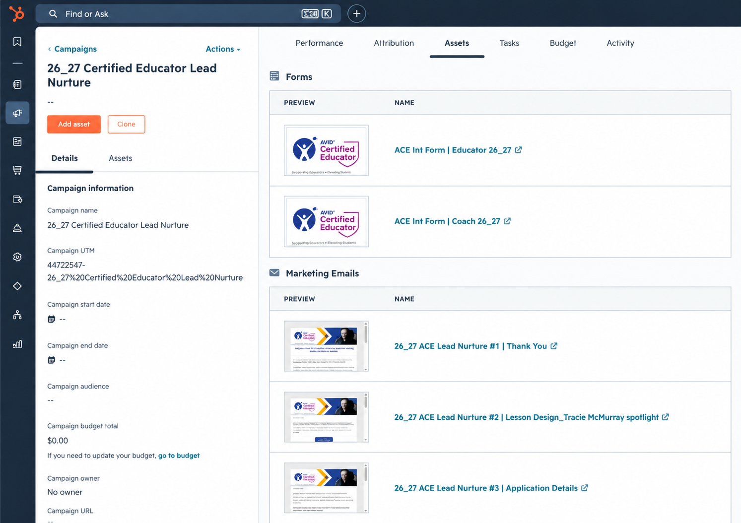 HubSpot campaign showing connected forms and marketing emails